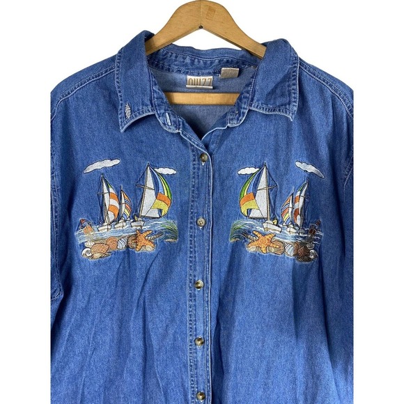 Quizz Shirt 24 2X Embroidered Denim Chambray Sailboat Boat Nautical Womens - Picture 2 of 7